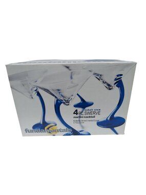 4 Pc Swerve Martini Cocktail Glasses With Cobalt Blue Stems 6.75 Oz Clear Glass